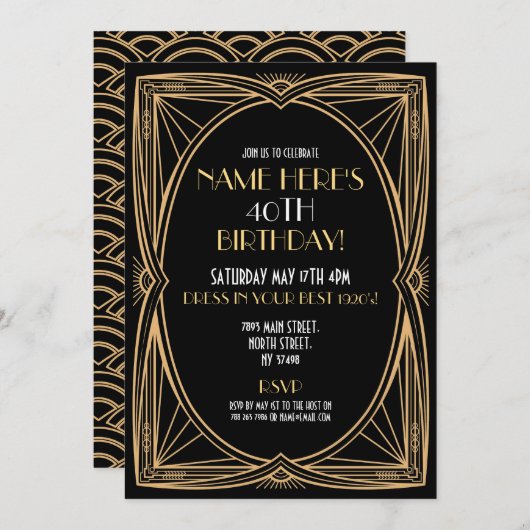 1920's Art Deco Verjaardag Gatsby Party Zwart & Go Kaart (Voorkant / Achterkant)