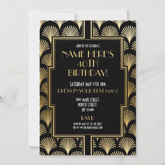 1920's Art Deco Verjaardag Gatsby Party Zwart & Go Kaart (Voorkant)