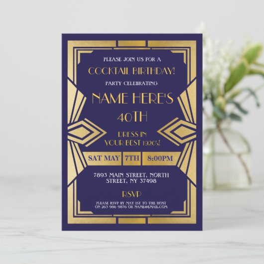 1920's Art Deco Verjaardag Nodig Gatsby Party Navy Kaart (Staand voorkant)