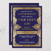 1920's Art Deco Verjaardag Nodig Gatsby Party Navy Kaart (Voorkant / Achterkant)