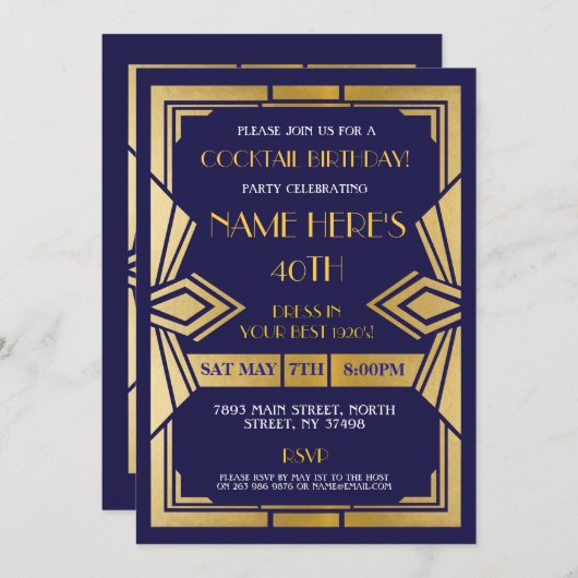 1920's Art Deco Verjaardag Nodig Gatsby Party Navy Kaart (Voorkant / Achterkant)