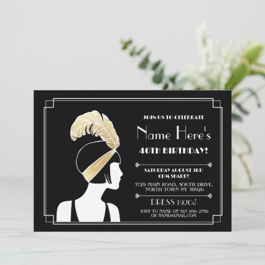 1920's Art Deco Verjaardag uitnodigen Gatsby Meisj Kaart (Staand voorkant)