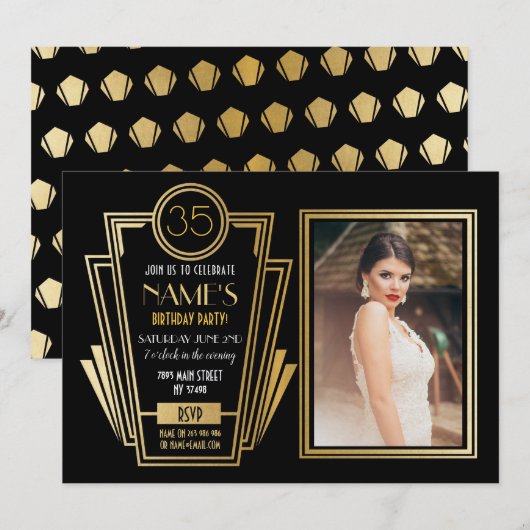 1920's Art Deco Verjaardagsfeest Foto Nodig Gatsby Kaart (Voorkant / Achterkant)