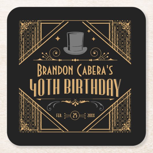 1920s Art Deco Zwart & Goud 40e Verjaardagsfeest Kartonnen Onderzetters (Voorkant)