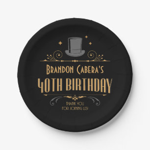 1920s Art Deco Zwart & Goud 40e Verjaardagsfeest Papieren Bordje