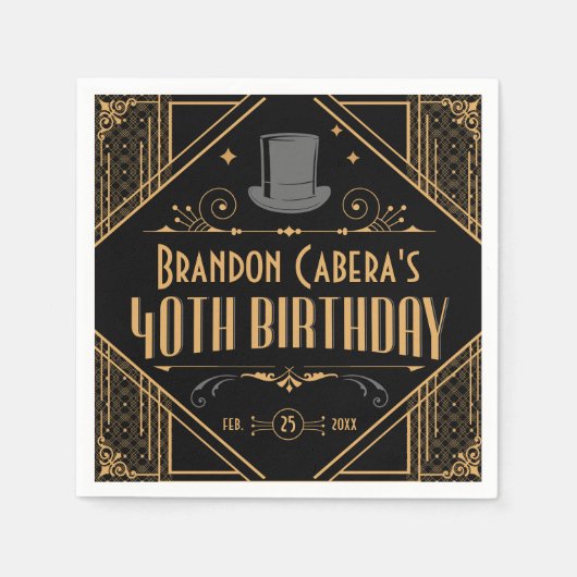 1920s Art Deco Zwart & Goud 40e Verjaardagsfeest Servet (Voorkant)