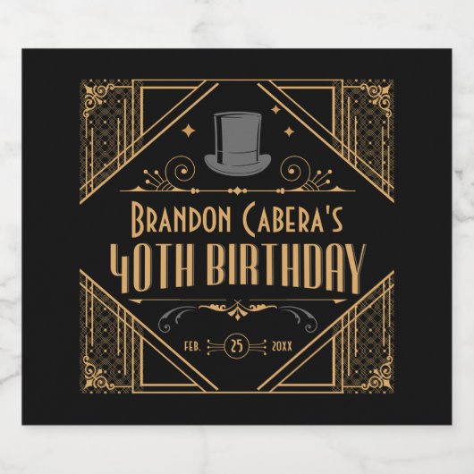 1920s Art Deco Zwart & Goud 40e Verjaardagsfeest Sparkling Wijnetiket (Enkel label)
