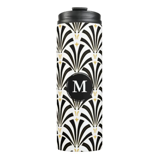 1920s Art Deco Zwart-wit Palmettos | Monogram Thermosbeker (Voorkant)