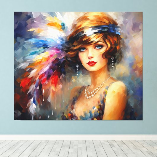 1920s Dame in Feather Head Dress Canvas Afdruk (Insitu (Houten vloer))