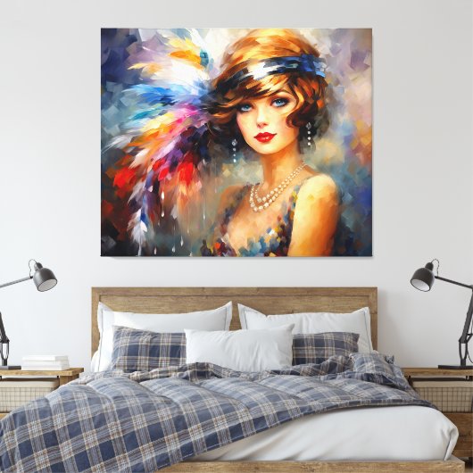 1920s Dame in Feather Head Dress Canvas Afdruk (Insitu (Slaapkamer))