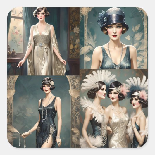 1920s Dames Mode Fotocollage, Vierkante Sticker (Voorkant)