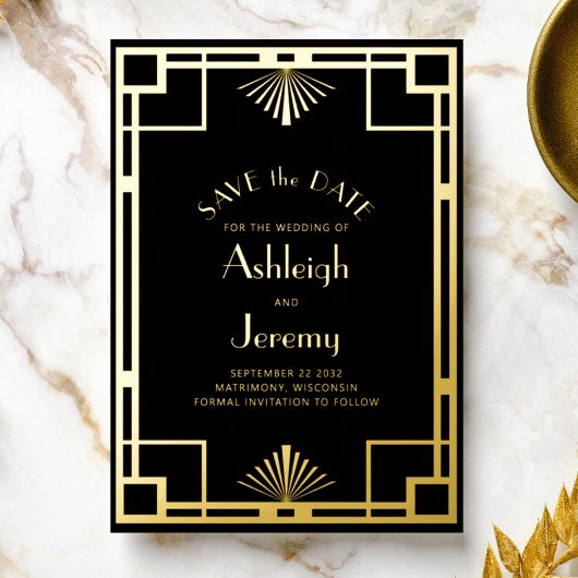 1920s Deco Black Gold Wedding Save the Date Folie Uitnodiging