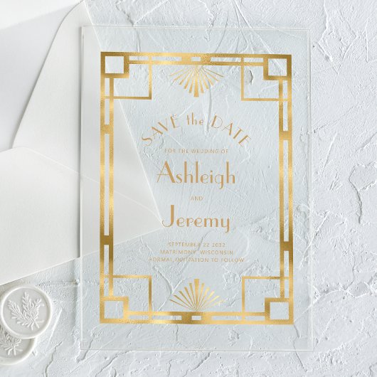  1920s Deco Gold Wedding Save the Date Acryl Uitnodigingen