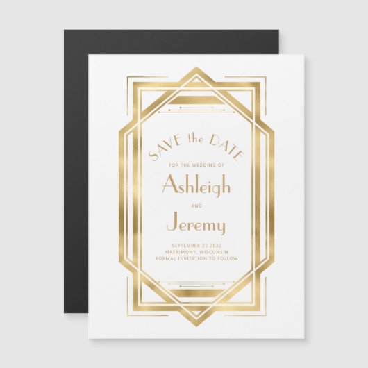  1920s Deco White Gold Save the Date (Voorkant / Achterkant)