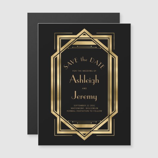  1920s Deco Zwart Goud Save the Date (Voorkant / Achterkant)