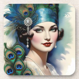 1920s Flapper Girl Pauw Set Bier Onderzetter