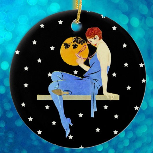 1920's Flapper Lady Moon Stars Red Hair Keramisch Ornament
