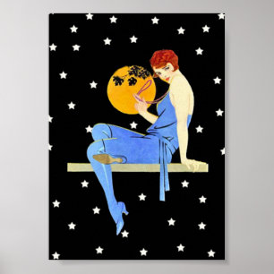  1920's Flapper Lady Moon Stars Red Hair Poster
