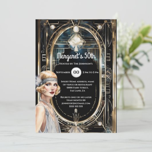 1920's Great Gatsby zwart goud twenties flapper Kaart (Staand voorkant)