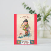  1920's Kerst Schattige Meisje, Hond & Vogel Feestdagenkaart (Staand voorkant)