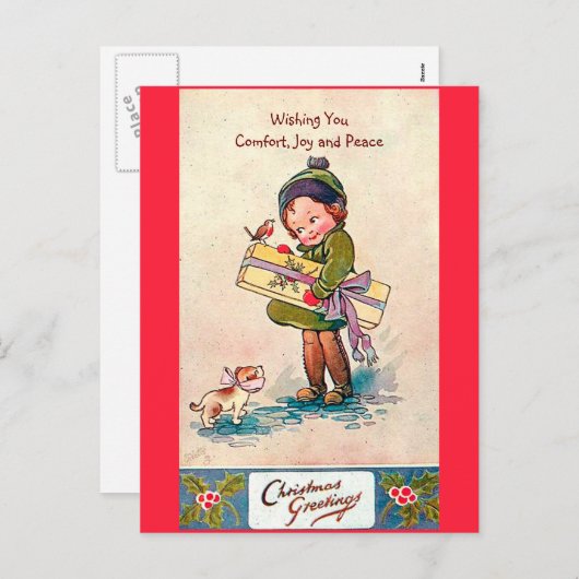  1920's Kerst Schattige Meisje, Hond & Vogel Feestdagenkaart (Voorkant / Achterkant)