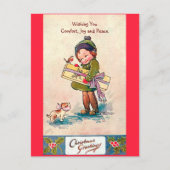  1920's Kerst Schattige Meisje, Hond & Vogel Feestdagenkaart (Voorkant)