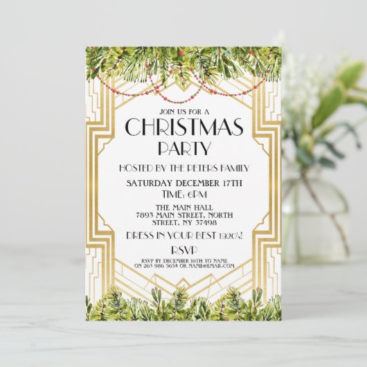 1920's Kerstmis Uitnodigen Art Deco Gatsby Party G Kaart (Staand voorkant)