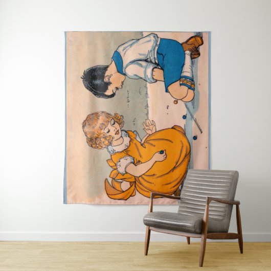 1920s meisje en jongen die marbles spelen wandkleed (In situ)