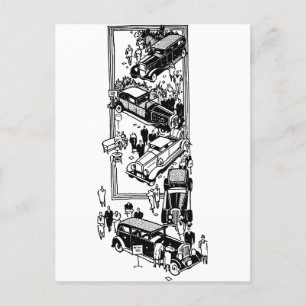 1920s mensen auto show kunst illustratie briefkaart