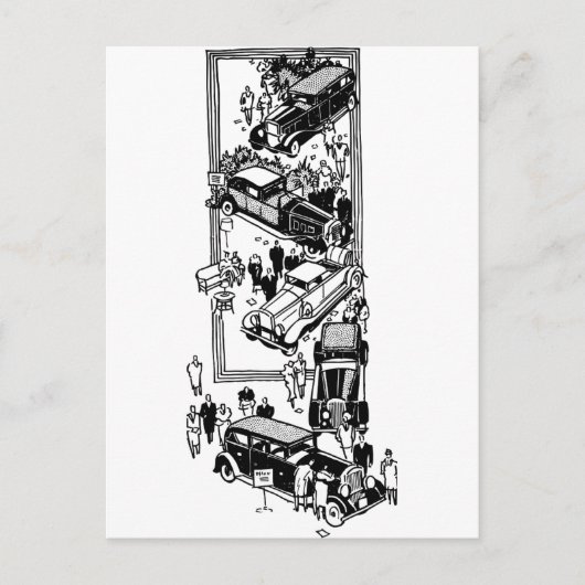 1920s mensen auto show kunst illustratie briefkaart (Voorkant)