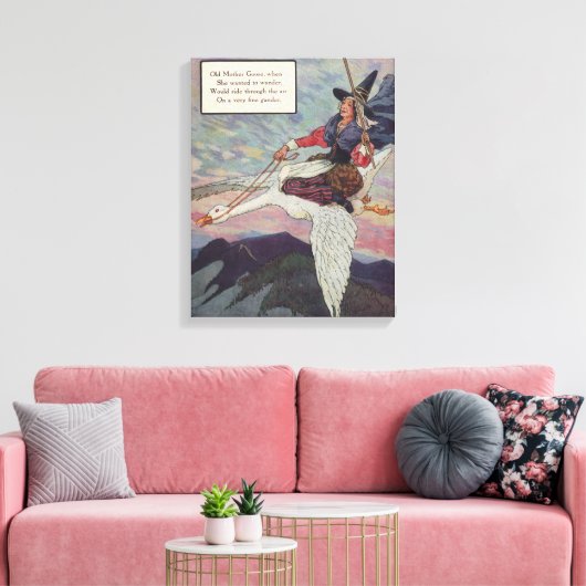 1920s Moeder Goose rijdt met haar reuzengans Canvas Afdruk (Insitu (Woonkamer))