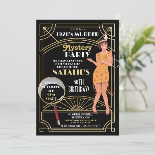 1920's Moord Mysterie Verjaardag Diner Party Deco Kaart (Staand voorkant)