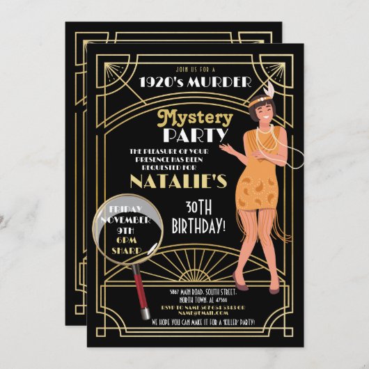 1920's Moord Mysterie Verjaardag Diner Party Deco Kaart (Voorkant / Achterkant)