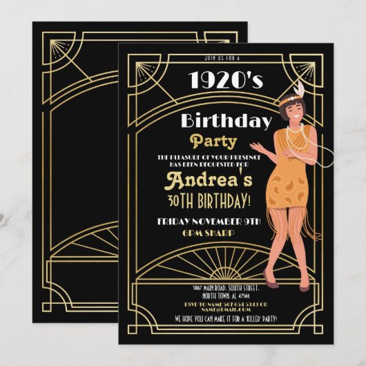 1920's Moord Mysterie Verjaardag Diner Party Deco Kaart (Voorkant / Achterkant)