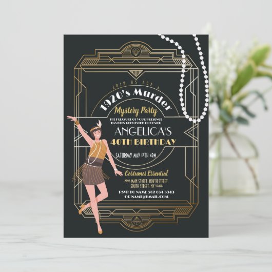1920's Moord Mysterie Verjaardag Diner Party Deco Kaart (Staand voorkant)