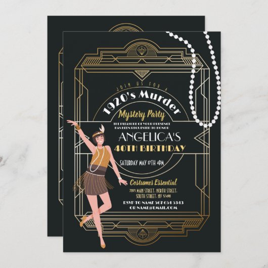 1920's Moord Mysterie Verjaardag Diner Party Deco Kaart (Voorkant / Achterkant)