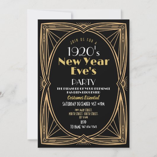 1920s Nieuwjaar Party Art Deco Zwart Goud Kaart (Voorkant)