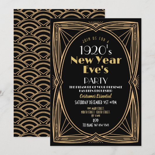 1920s Nieuwjaar Party Art Deco Zwart Goud Kaart (Voorkant / Achterkant)