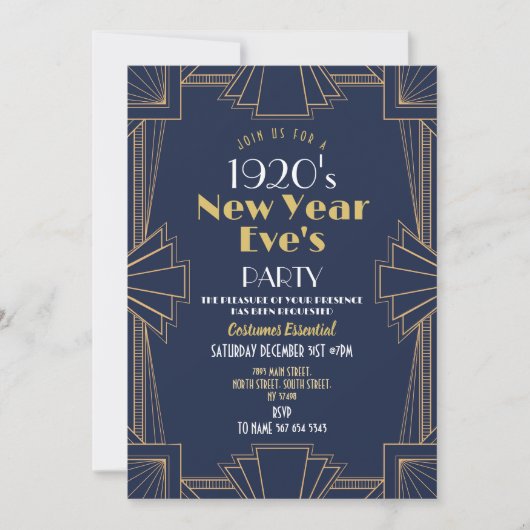 1920s Nieuwjaarsfeest Art Deco Navy Gold Kaart (Voorkant)