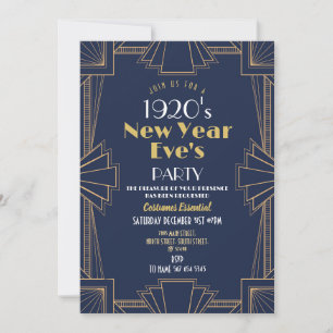 1920s Nieuwjaarsfeest Art Deco Navy Gold Kaart