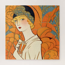 1920s Parijse vrouw met Oranje bloemen puzzel