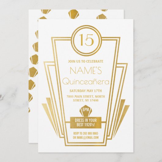 1920s Quinceanera Art Deco Gatsby Gold Uitnodigen Kaart (Voorkant / Achterkant)