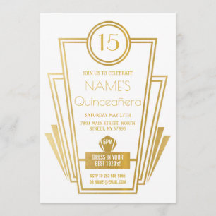 1920s Quinceanera Art Deco Gatsby Gold Uitnodigen Kaart