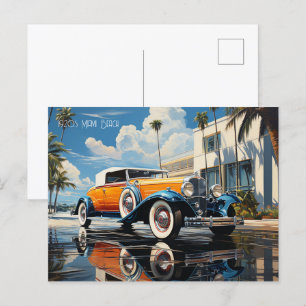 1920s roadster door een strandbungalow in Miami Be Feestdagenkaart