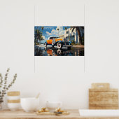 1920s roadster door een strandbungalow in Miami Be Poster (Keuken)