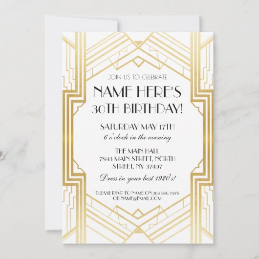 1920's Verjaardag Gold Art Deco Nodig Gatsby Party Kaart (Voorkant)
