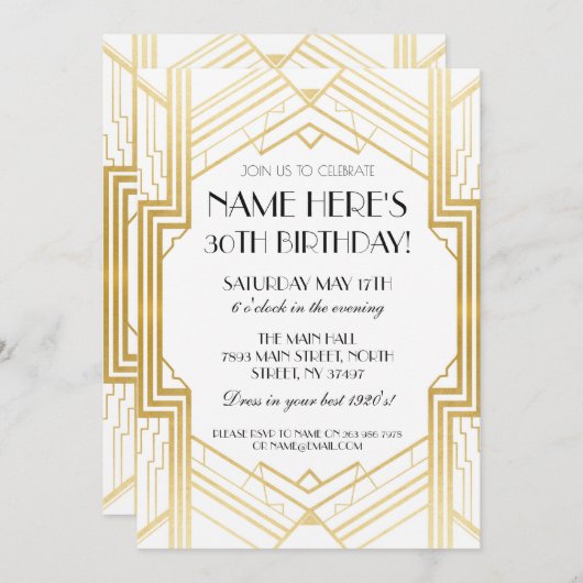 1920's Verjaardag Gold Art Deco Nodig Gatsby Party Kaart (Voorkant / Achterkant)