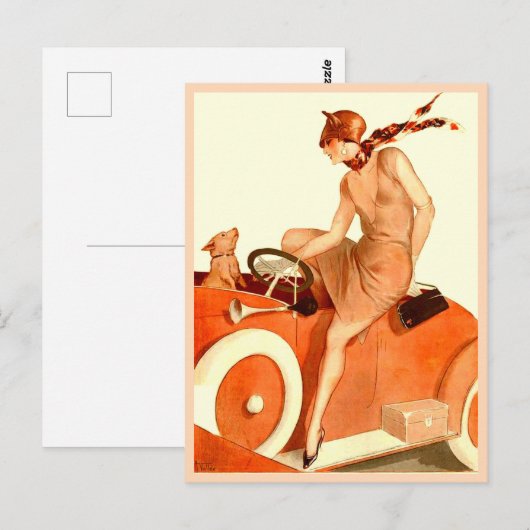 1920s vrouw, auto en hond briefkaart (Voorkant / Achterkant)