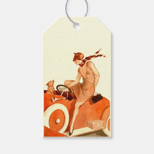 1920s vrouw, auto en hond cadeaulabel (Voorkant)