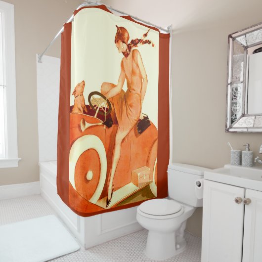 1920s vrouw, auto en hond douchegordijn (In situ)